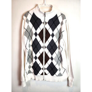 BKE Sweater Mens Size XL White Gray Argyle Athletic Fit Long Sleeve Full Zip